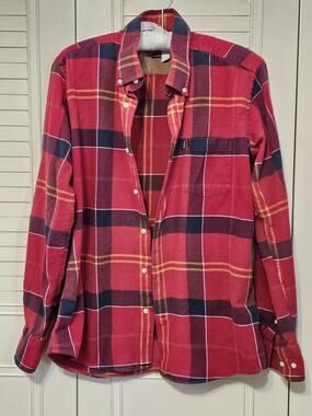 Barbour Tailored Fit Plaid Flannel Shirt Mens Large L Red Blue Tartan Soft